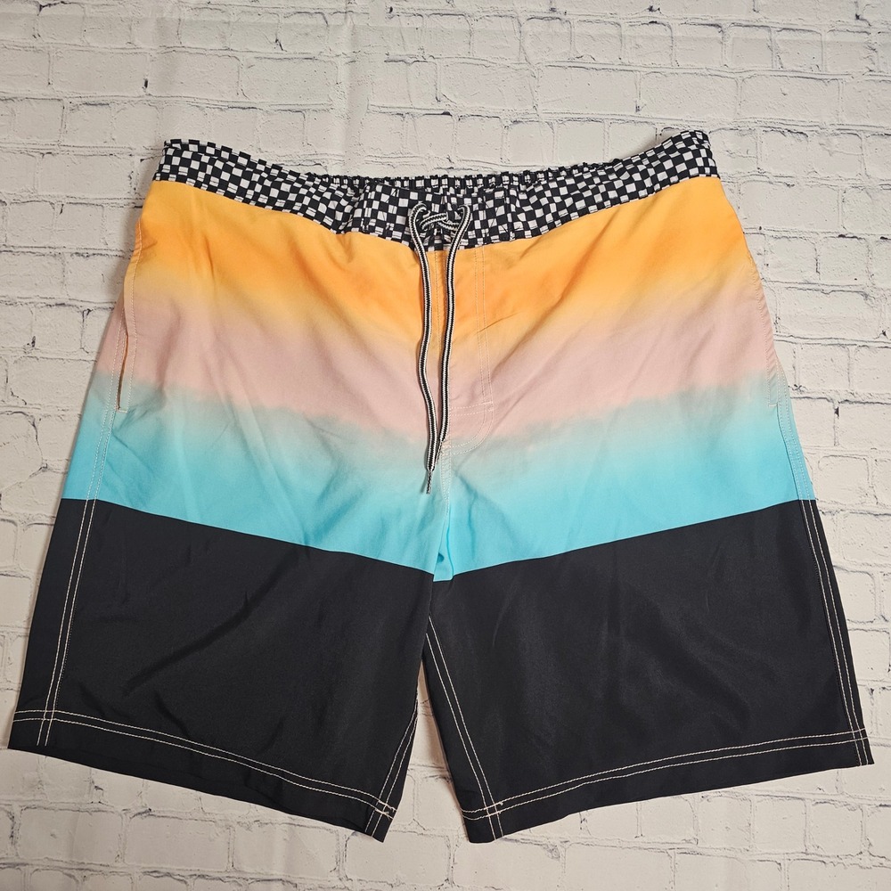 George Mens XL Board Shorts Swim Trunks Ombre‎ Checkerboard Sunset Colorblock